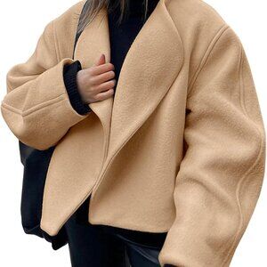 Womens Oversized Cropped Pea Coat Lapel Open Front Jacket Winter Short Outerwear